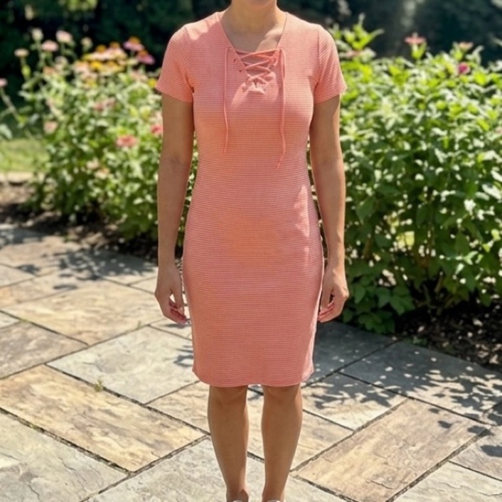 Icon Apparel Orange Striped Lace-Up Ribbed T-Shirt Mini Dress Like New Sz Large